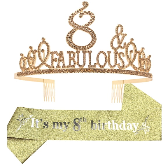EBE EmmasbyEmma 8th Birthday Glitter Sash & Gold Rhinestone Tiara Set for Girls