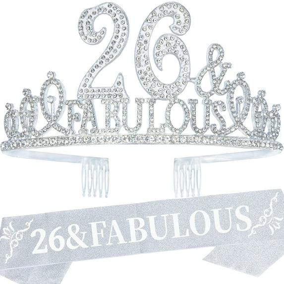 EBE EmmasbyEmma Silver 26th Birthday Party Pack for Women - Crown, Sash, Tiaras, Decorations, Favors & More!
