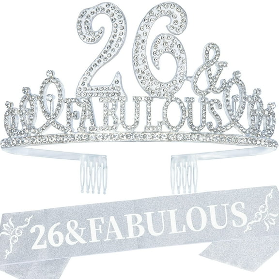 EBE EmmasbyEmma Silver 26th Birthday Party Pack for Women - Crown, Sash, Tiaras, Decorations, Favors & More!