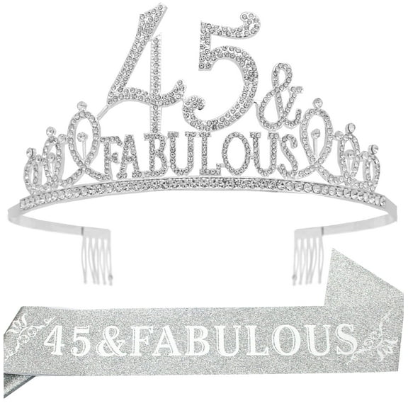 EBE EmmasbyEmma Silver 45th Birthday Crown, Sash, Tiaras & Decorations Set - Perfect Party Favors & Gifts for Women