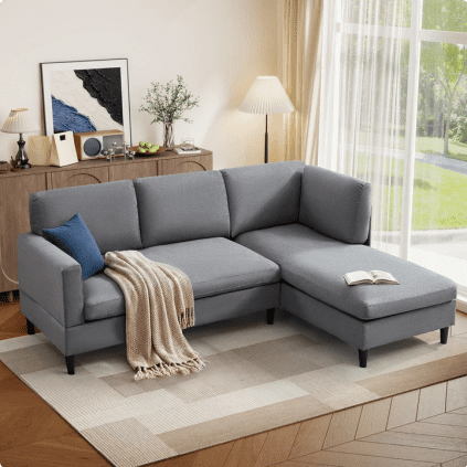 EBELLO 3-Seat L-Shaped Sectional Sofa with Chaise, Modern Fabric Couches for Small Space, Apartment Living Room, Grey