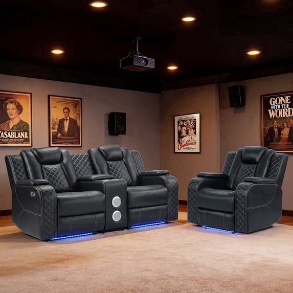 EBELLO 3-Piece Dual Motor Power Reclining Sofa Set, Reclining Chair and Loveseat, with Bluetooth, Wireless and Hidden Charging, Cup Holders, USB Ports, LED Strip and Storage, Black