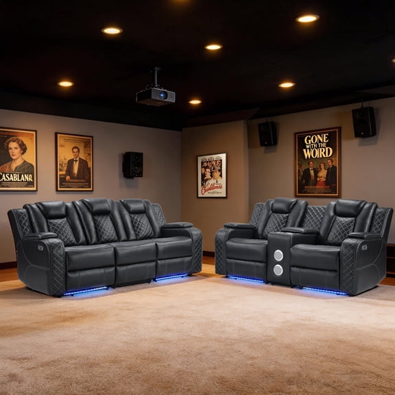 EBELLO 5-Seat Power Reclining Sofa and Loveseat Set with Wireless Charging, Bluetooth Speakers, Reading Lights, USB Type-C Charging and LED Lighting, Faux Leather Home Theater Seating, Black Plaid