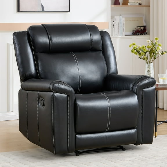 EBELLO Black Faux Leather Manual Recliner Chair, 1-Seater Mid-Century Modern Reclining Sofa with Padded Headrest and Armrest, for Living Room, Home Theater, Office (Black)