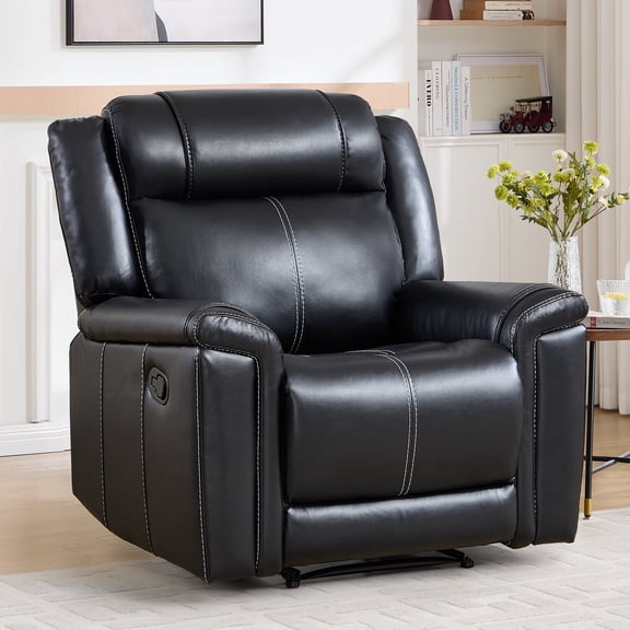 EBELLO Black Faux Leather Manual Recliner Chair, 1-Seater Mid-Century Modern Reclining Sofa with Padded Headrest and Armrest, for Living Room, Home Theater, Office (Black)