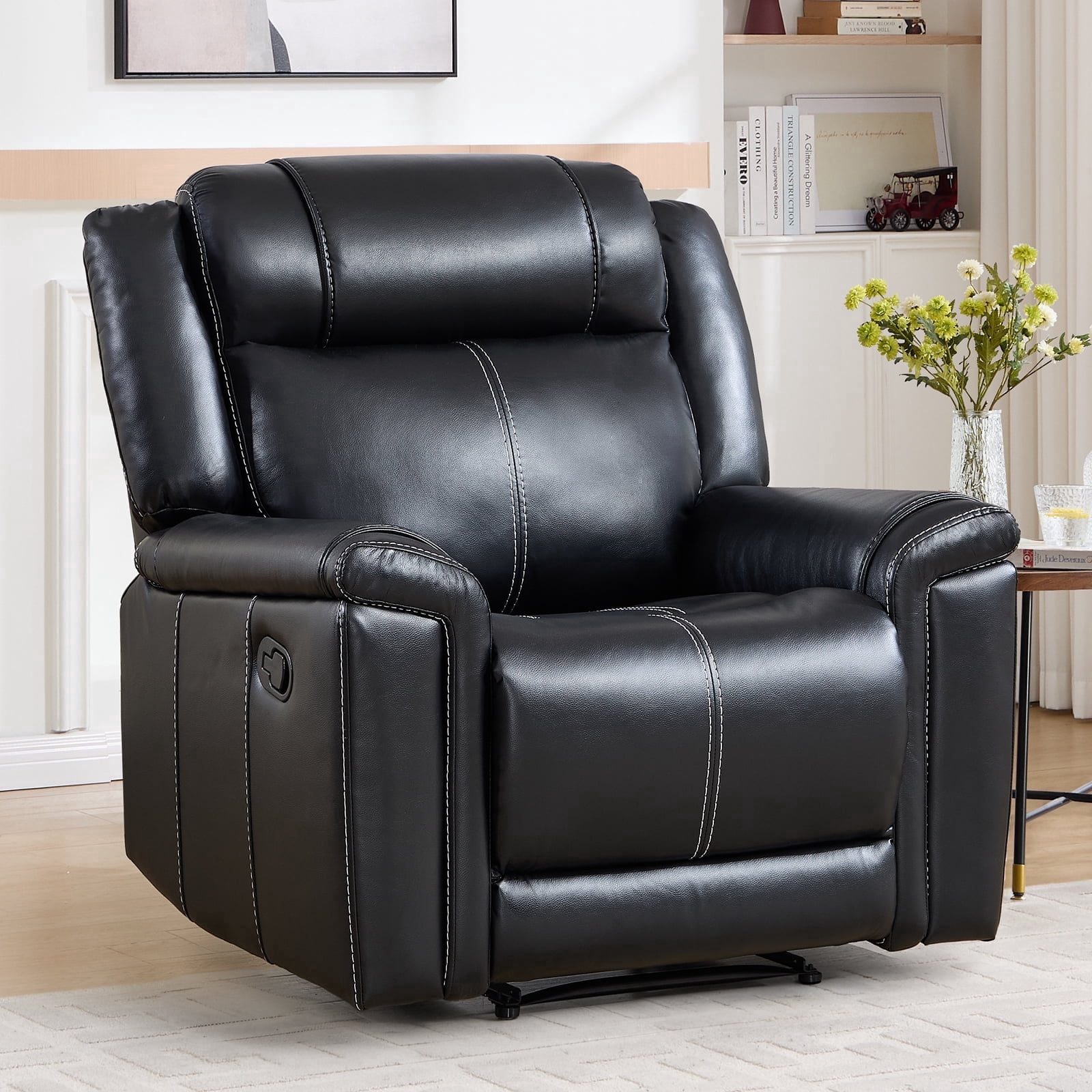Ebello Faux Leather Manual Recliner, Mid-Century Modern Reclining Chair with Padded Headrest and Armrest for Living Room, Home Theater, Office, Black
