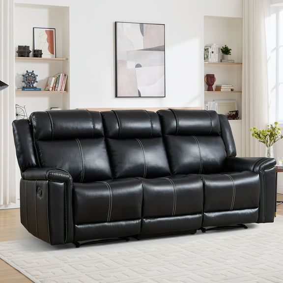EBELLO Black Faux Leather Manual Recliner Sofa, 3-Seater Couch with Padded Headrest and Armrest, Mid-Century Modern Reclining Sofa for Living Room, Home Theater (Black)