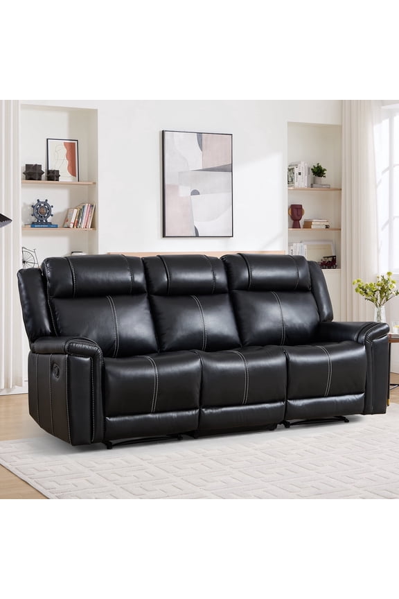 Faux Leather Manual Reclining Sofa, Mid-Century Modern 3-Seater Couch with Padded Headrest and Armrest for Living Room, Home Theater, Black