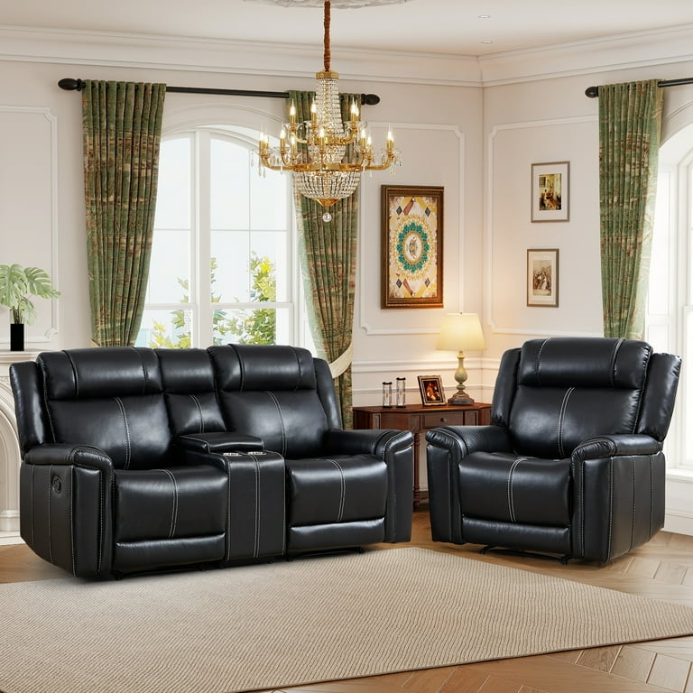 EBELLO Black Faux Leather Recliner Set, Manual Recliner Chair and Loveseat  Sofa with Cup Holders, Mid-Century Modern Reclining Living Room Suite