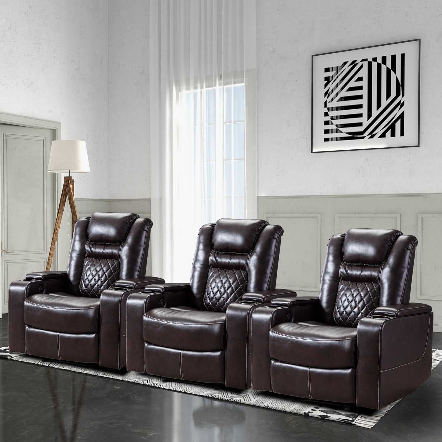 Ebello Dark Brown Leather Reclining Home Theater Seating with Cup Holders and Storage