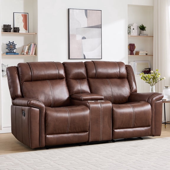 Ebello Faux Leather Manual Reclining Loveseat, Mid-Century Modern 2-Seater Sofa with Cup Holders and Storage Space for Living Room, Home Theater, Brown