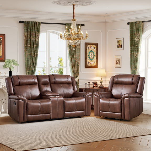 Ebello 3-Seater Faux Leather Recliner Sofa Set, Manual Reclining Chair and Loveseat with Cup Holders and Storage Space for Living Room, Home Theater, Brown