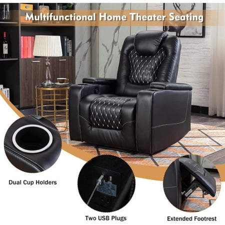 EBELLO Electric Home Theater Overstuffed Single Reclining Sofa with Hidden Arm Storage Black