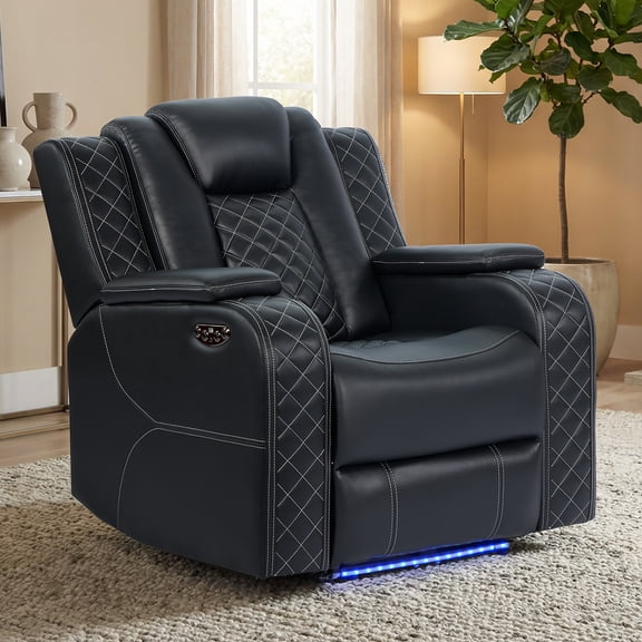 EBELLO Power Recliner Chair with USB Type-C Charging Ports, Electric Recliner with Adjustable Headrest and LED Lights, Faux Leather Home Theater Seating with Storage, Black Plaid