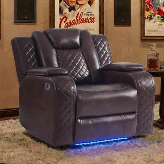 EBELLO Dual Motor Power Reclining Chair, PU Leather Home Theater Reclining Chair with Adjustable Headrest, Storage, USB Ports and LED Strip, Brown