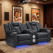 EBELLO Dual Motor Power Reclining Loveseat, PU Leather Sofa with Bluetooth Speaker, Cup Holders, Adjustable Headrest, Storage, USB Ports and LED Strip, Black