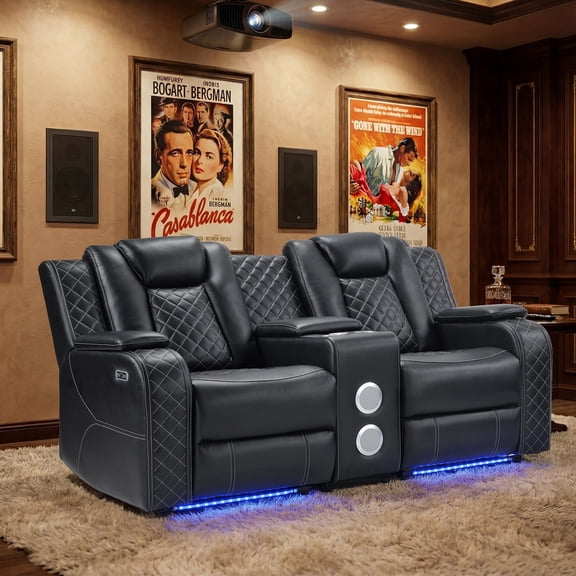 EBELLO Power Reclining Loveseat with Console, 2 Seater Electric Recliner Sofa with Bluetooth Speakers, USB Type-C Charging, LED Lights and Storage, Faux Leather Home Theater Seating, Black Plaid