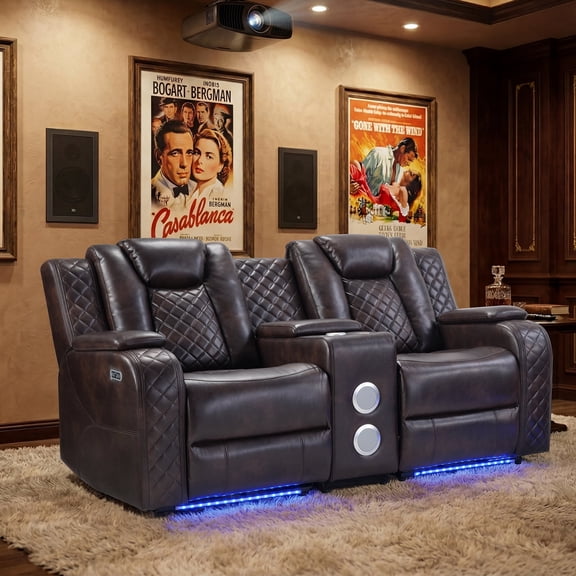 EBELLO Power Reclining Loveseat with Console, 2 Seater Electric Recliner Sofa with Bluetooth Speakers, USB Type-C Charging, LED Lights and Storage, Faux Leather Home Theater Seating, Brown Plaid