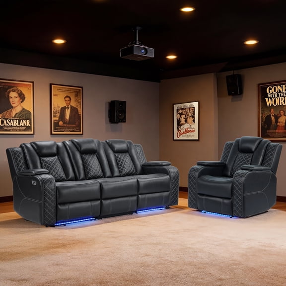 EBELLO Power Reclining Sofa Set, Recliner Chair and 3 Seater Couch Combo with Wireless Charging, Reading Lights, USB Type-C Ports and LED Lighting, Faux Leather Home Theater Seating, Black Plaid