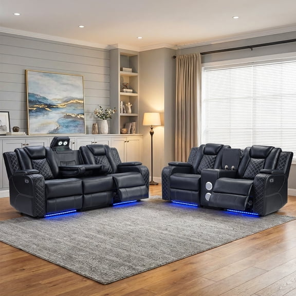 EBELLO Power Reclining Sofa Set, Recliner Chair and 3 Seater Couch Combo with Wireless Charging, Reading Lights, USB Type-C Ports and LED Lighting, Faux Leather Home Theater Seating, Black Plaid