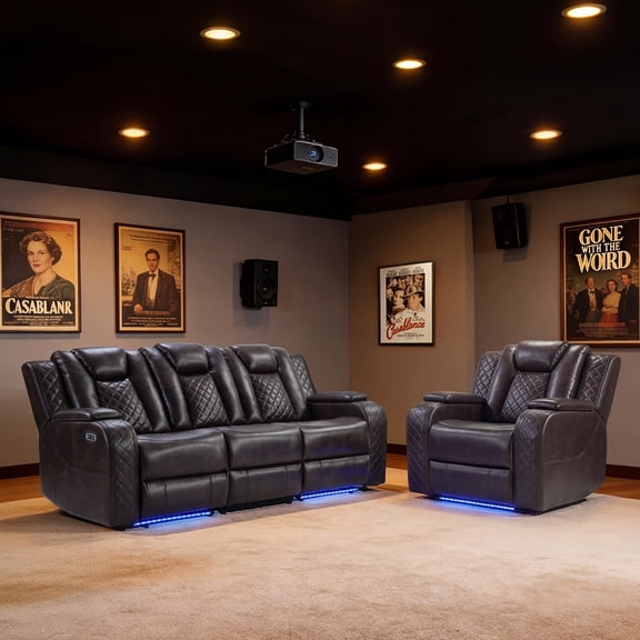 EBELLO Power Reclining Sofa Set, Recliner Chair and 3 Seater Couch Combo with Wireless Charging, Reading Lights, USB Type-C Ports and LED Lighting, Faux Leather Home Theater Seating, Brown Plaid