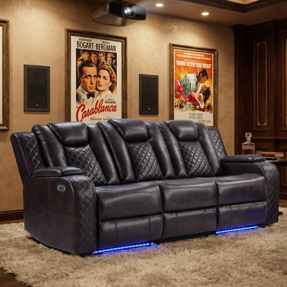 EBELLO Dual Motor Power Reclining Sofa, PU Leather Couch with Wireless Charging, Reading Lights, Cup Holders, Adjustable Headrest, Storage, USB Ports and LED Strip, Brown