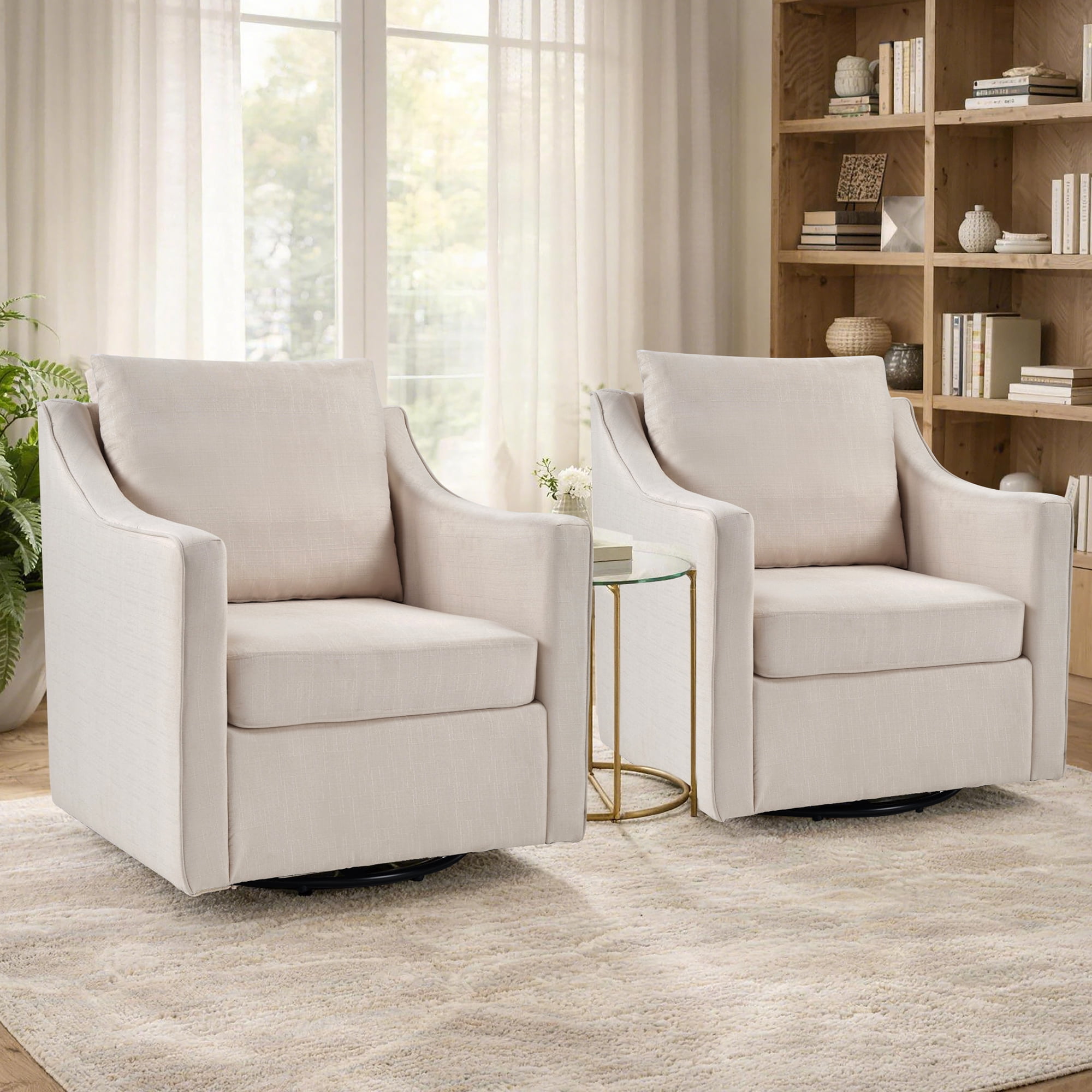 EBELLO Upholstered Accent Chair，Yarn-Dyed Fabric Swivel Chair, Modern Minimalist Armchair with Lumbar Pillow(2 Pack,White)