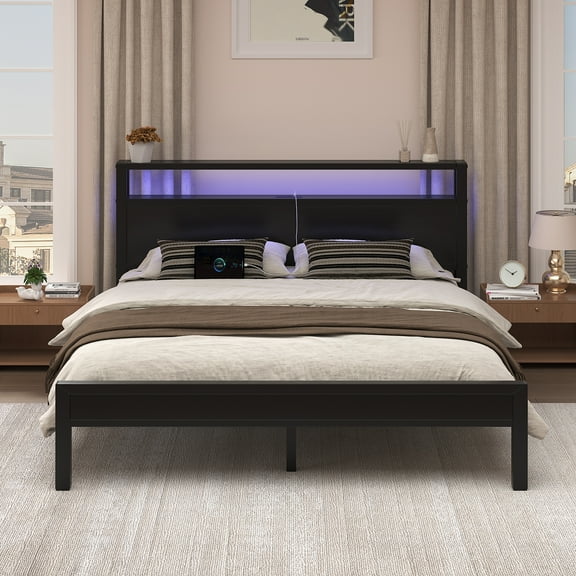 EBERY Full Size Bed Frame with Storage Headboard, Industrial Platform Bed with Charging Station and LED Lights, Black