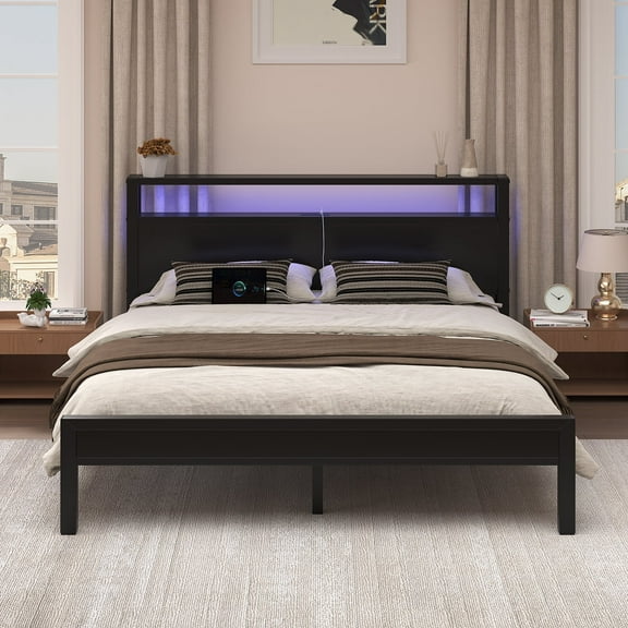 EBERY Full Size Bed Frame with Storage Headboard, Industrial Platform Bed with Charging Station and LED Lights, Black