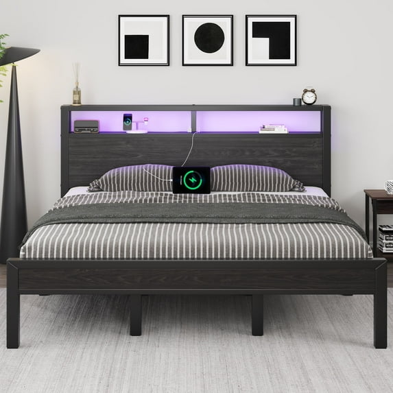 EBERY King Size Bed Frame with Storage Headboard, Industrial Platform Bed with Charging Station and LED Lights, Black