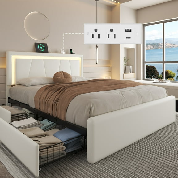 EBERY Queen Bed Frame with 4 Storage Drawers & LED Headboard, Upholstered Platform Bed with Charging Station, No Box Spring Needed, Modern PU White