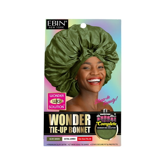 Ebin New York Wonder Wig Solution, Woner Tie-Up Bonnet, Olive Green, Extra Jumbo, 1 count