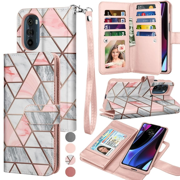 EBIZCITY for Motorola Edge+ Edge Plus 2022 / Moto Edge+ 5G UW 2022 Case Wallet Detachable Magnetic Cover 9 Card Slots Holder with Wrist Strap Kickstand (Rose Gold Marble)