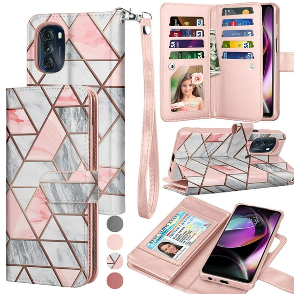 EBIZCITY for Motorola Moto G 5G 2022 Case, Wallet Detachable Magnetic Cover 9 Card Slots Holder with Wrist Strap Kickstand (Rose Gold Marble)