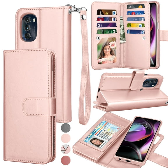 EBIZCITY for Motorola Moto G 5G 2022 Case, Wallet Detachable Magnetic Cover 9 Card Slots Holder with Wrist Strap Kickstand (Rose Gold)
