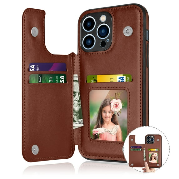 EBIZCITY for iPhone 14 Plus 2022 Wallet case, Flip Wallet Leather Magnetic Clasp Case with Credit Card Holder and Shockproof Function Kickstand Phone Cover - Brown
