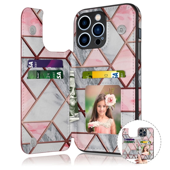EBIZCITY for iPhone 14 Pro Max 2022 Wallet case, Flip Wallet Leather Magnetic Clasp Case with Credit Card Holder and Shockproof Function Kickstand Phone Cover - Rose Gold Marble