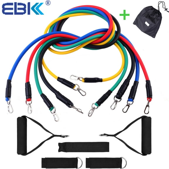 EBK 11pc Resistance Band Set - with Door Anchor, Handles, Ankle Straps - Stackable Up To 100lbs - For Resistance Training, Physical Therapy, Home Workouts