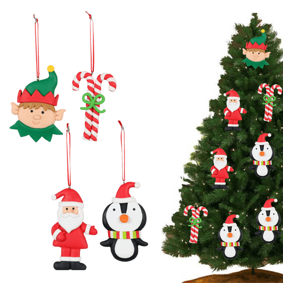 EBK 4 Piece Clay-Like Christmas Hanging Ornaments Santa Penguin Candy Cane & Elf Xmas Tree Hanging Decor with Ribbon for Merry Xmas New Year Door Artificial Tree Home Decoration