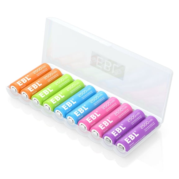 EBL 10 Pack AA 2500mah Rainbow Rechargeable Batteries NIMH 1.2V Battery Pack for Garden Solar Light Camera Flashlight