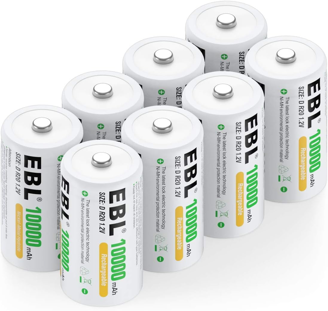 EBL 10000mAh NiMH D Cells Rechargeable Batteries, 8 Counts