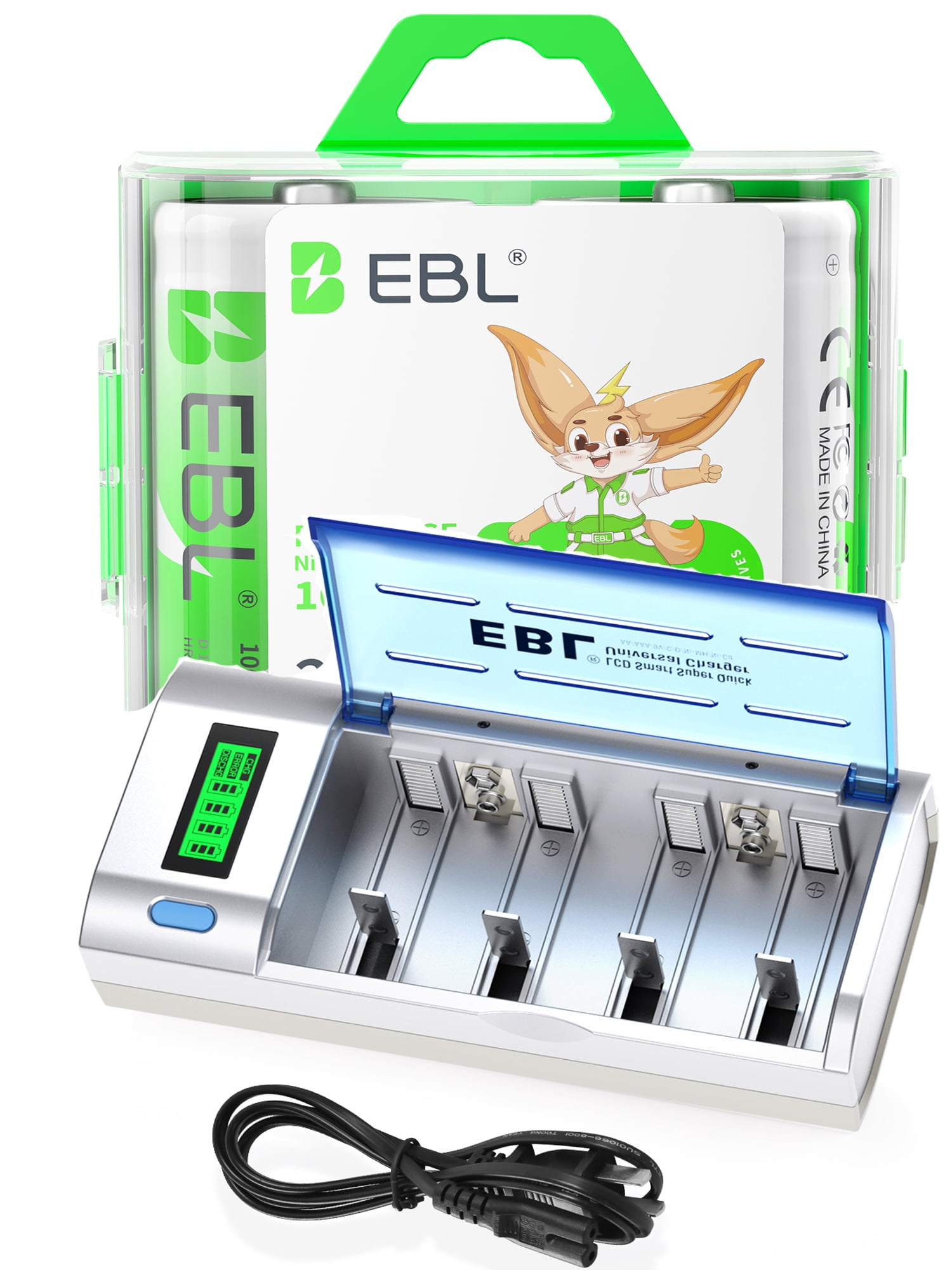 EBL 10000mAh Size D Rechargeable Batteries (2 Pack) with Battery Charger for 9V C D AA AAA Batteries