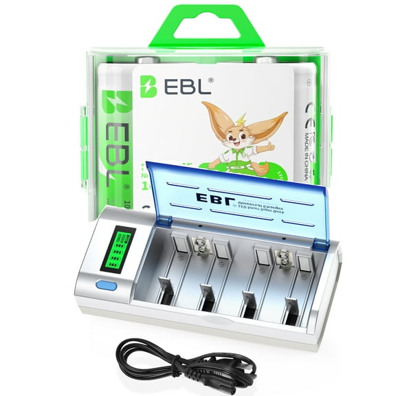 EBL 10000mAh Size D Rechargeable Batteries (2 Pack) with Battery Charger for 9V C D AA AAA Batteries