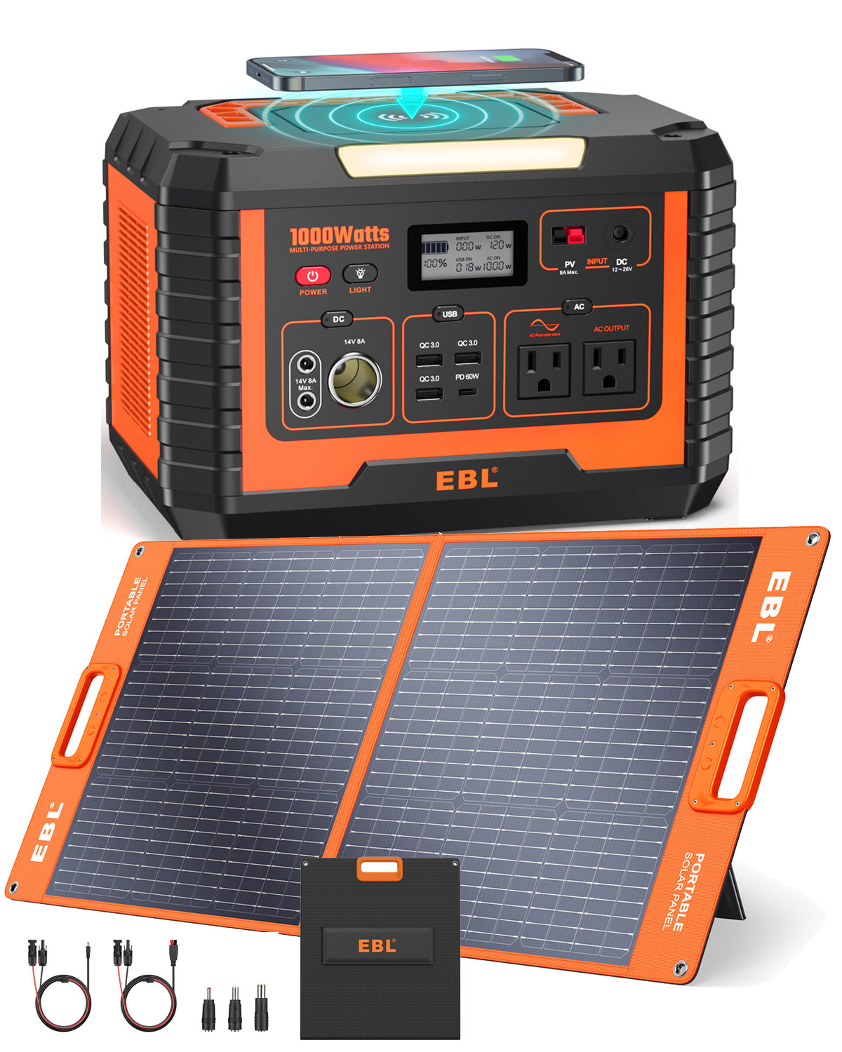 EBL 1000W Portable Power Station, 1000W Capacity Solar Generator, AC Output for Outdoor Camping, Home Backup, Emergency with 100W Solar Panel