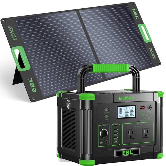 EBL 100W Foldable Solar Panel with EBL 500W Solar Generator, 519Wh Portable Power Station with Dual 110V AC Outlets, USB-C Fast Charge