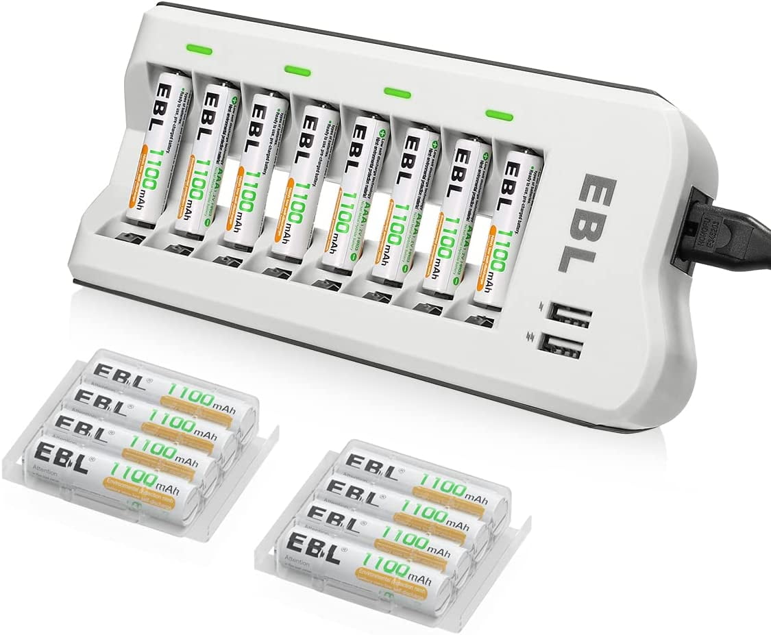EBL 1100mAh NiMH AAA Rechargeable Batteries (16 Pack) and Rechargeable AA AAA Battery Charger with 2 USB Charging Ports