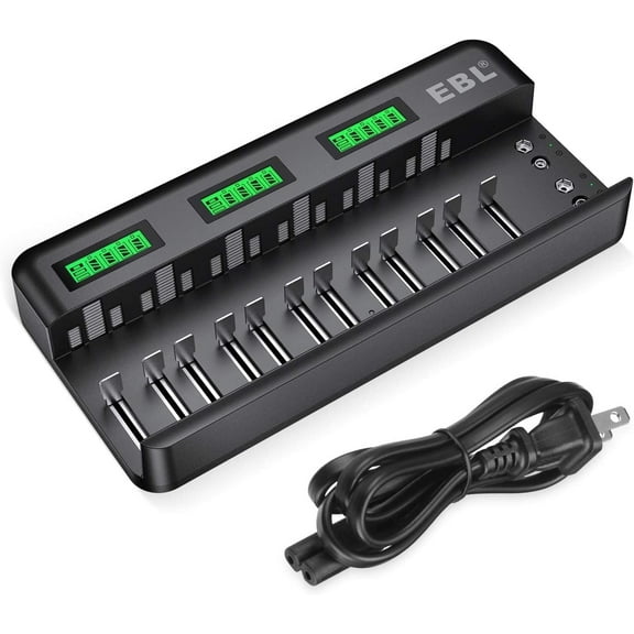 EBL 12 2 Bay LCD Rechargeable Battery Charger for AA AAA C D Ni-MH Ni-CD & 9V NiMH Ni-CD Li-ion Rechargeable Batteries