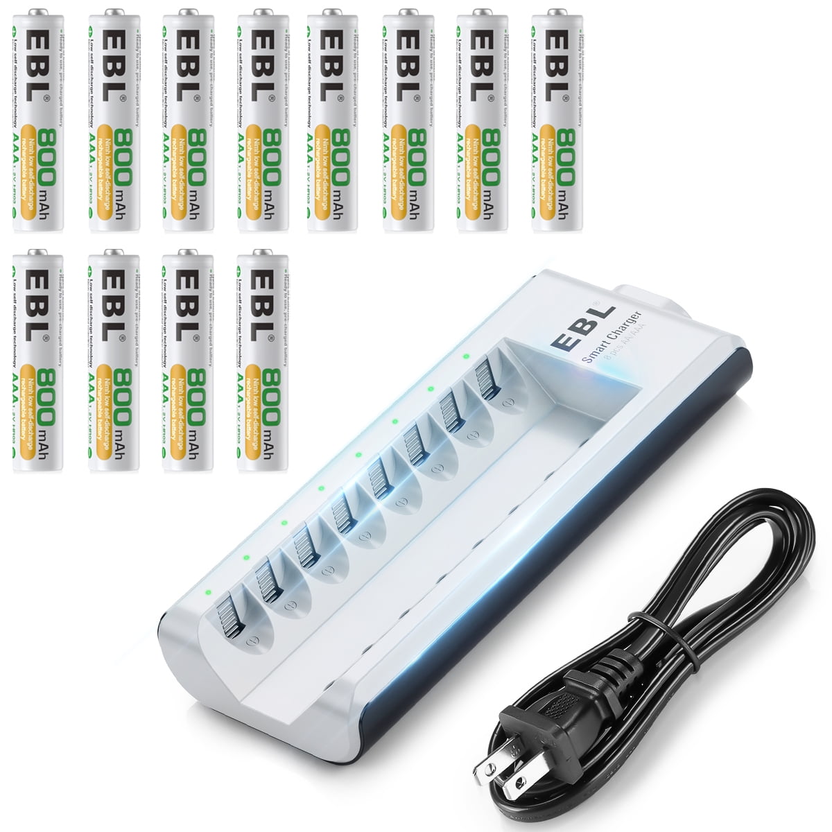 EBL 12 Pack AAA Batteries NiMH Rechargeable Battery 800mAh with Smart 8-Slot Battery Charger for AA AAA Battery