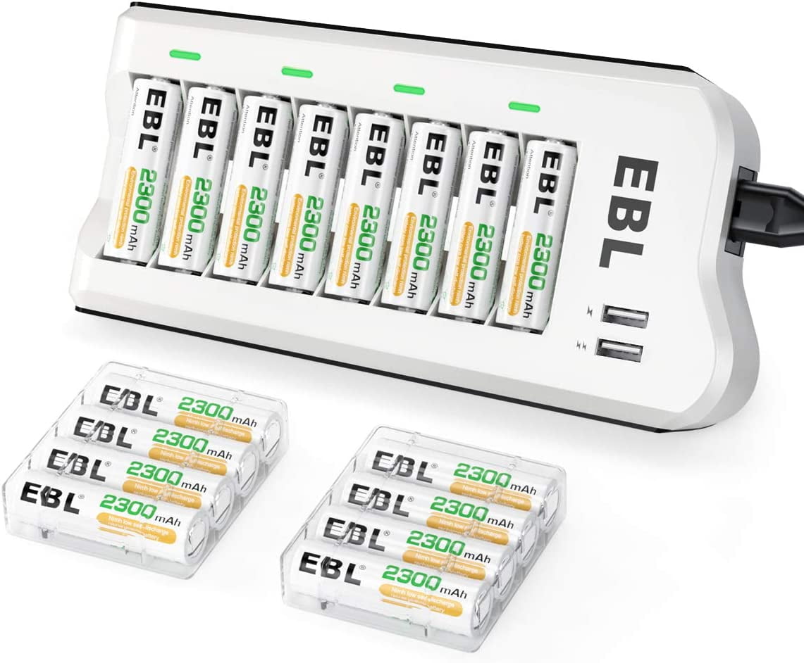 EBL (16 Pack) 2300mAh Ni-MH AA Rechargeable Batteries and AA AAA Battery Charger 808U with 2 USB Charging Ports