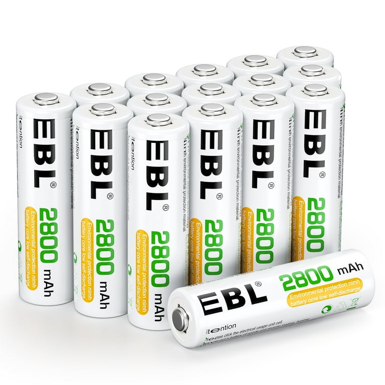 EBL Lot de 16 piles rechargeables haute capacité AA 2800 mAh Ni-MH 1,2 V  1200 cycles (boîtier de piles inclus) 
